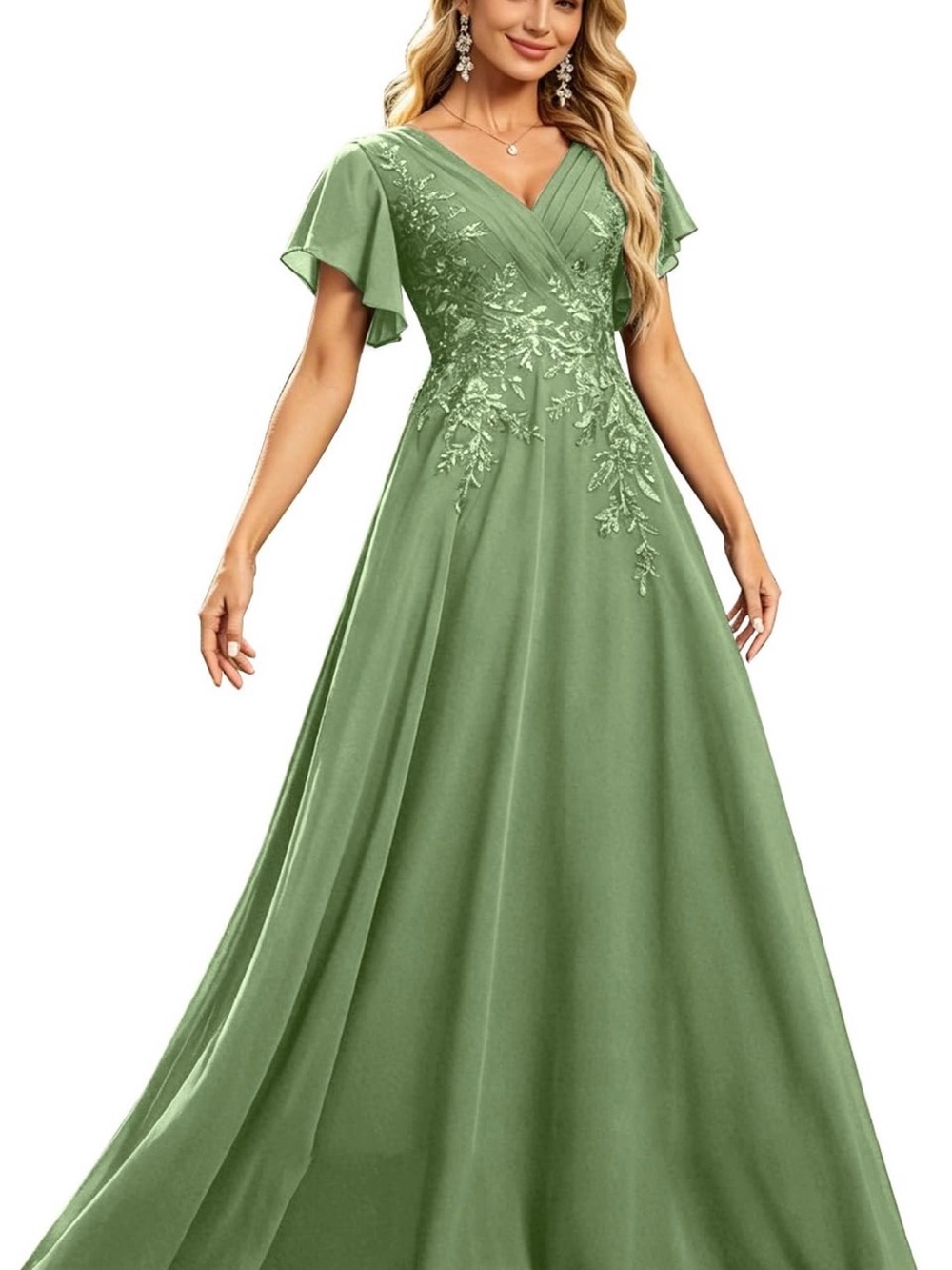 Elegant Sage Green V-Neck Embroidered A-Line Dress